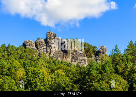 Panorama with typical rock pinnacles at Bastei in Rathen, Saxon Switzerland Stock Photo