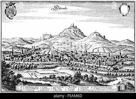 EISENACH, Thuringia, Germany in a 1647 engraving. Bach was born here in 1685. Stock Photo