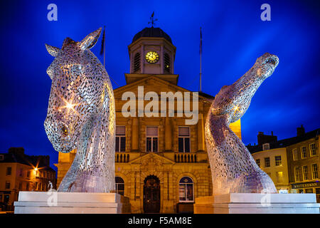 The 'mini Kelpies' 3 metre high small versions of the Falkirk canal Kelpie sculptures, visiting Kelso in the Scottish Borders Stock Photo