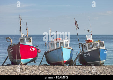 Boats on seafront at Beer village, Dorset. Stock Photo