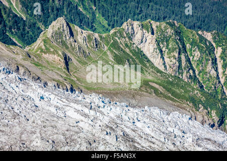 Bossons Glacier from the summit of the Aiguille du Midi in the Mont Blanc massif. Stock Photo