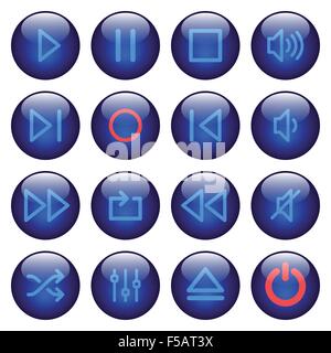 Set of blue glossy round media player buttons. Arranged layer structure. Stock Vector