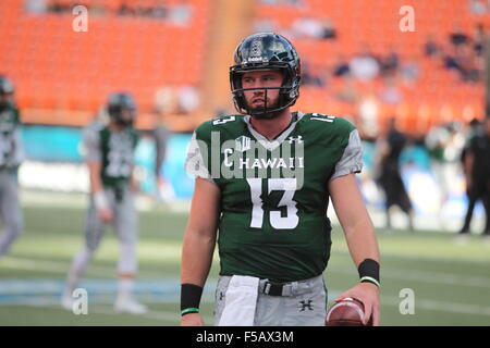 October 31, 2015 - Hawaii Rainbow Warriors quarterback Max Wittek (13) warms up prior to Mountain West Conference action between the Hawaii Rainbow Warriors and the Air Force Falcons on Hawaiian Airlines Field at Aloha Stadium in Honolulu, HI. - Michael Sullivan/CSM Stock Photo