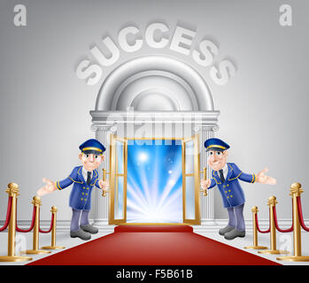 Success door concept of a doormen holding open a door at a red carpet entrance with velvet ropes. Light streaming through it, co Stock Photo