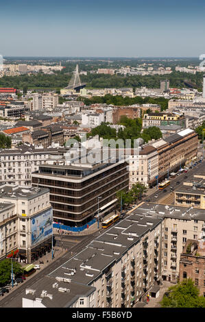 Warsaw urban landscape, city skyline view from the hotel high level window, aerial outline of the buildings, tourist travel city Stock Photo