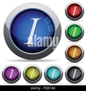Set of round glossy italic font buttons. Arranged layer structure. Stock Vector