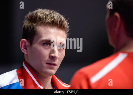 Glasgow, UK. 30th Oct, 2015. DAVID BELYAVSKIY from Russia talks with his coach during the men's All-Around Finals of the 2015 World Gymnastics Championships held in Glasgow, United Kingdom. © Amy Sanderson/ZUMA Wire/Alamy Live News Stock Photo