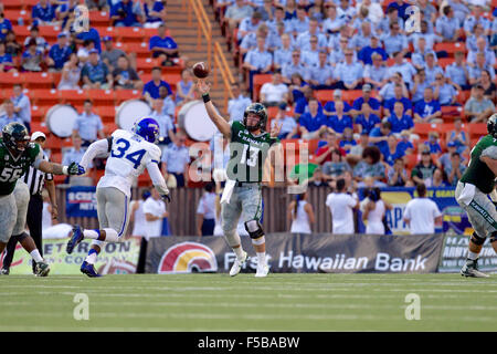 October 31, 2015 - Hawaii Rainbow Warriors quarterback Max Wittek (13) throws a pass during action between the Hawaii Rainbow Warriors and the Air Force Academy Falcons on Hawaiian Airlines at Aloha Stadium in Honolulu, HI. - Glenn Yoza/CSM Stock Photo