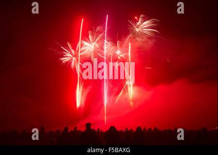 Crowd watching colourful firework display. Yorkshire, England, UK Stock Photo