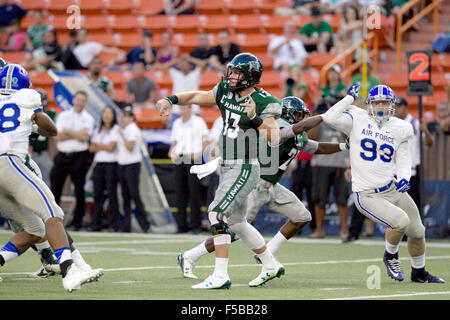 October 31, 2015 - Hawaii Rainbow Warriors quarterback Max Wittek (13) throws a pass during action between the Hawaii Rainbow Warriors and the Air Force Academy Falcons on Hawaiian Airlines at Aloha Stadium in Honolulu, HI. - Glenn Yoza/CSM Stock Photo