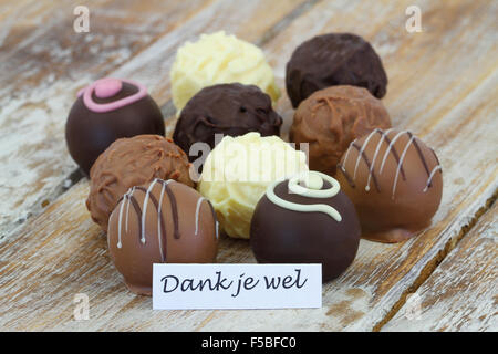 Dank je wel (which means thank you in Dutch) with assorted chocolates and pralines Stock Photo