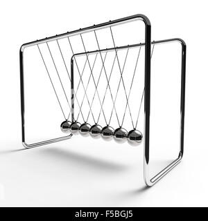 newton's cradle with silver balls suspended by wires from a chrome plated steel frame on a white background Stock Photo
