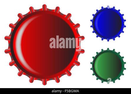 Typical metal glass bottle caps in red green and blue Stock Photo