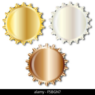 Typical metal glass bottle caps in gold silver and copper Stock Photo