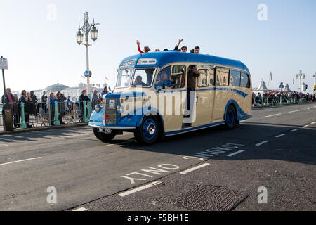 Madeira Drive, Brighton, East Sussex, UK. London to Brighton Vintage Car Run 2015. The London to Brighton Veteran Car Run is the world's longest-running motoring event, held on a course between London and Brighton, England with vintage cars and vehicles. In this image is of a Lodges Omnibus. 1st November 2015 Stock Photo