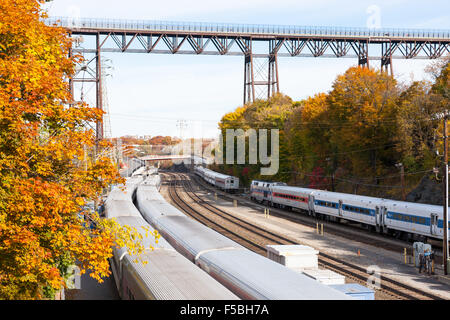 Metro-North cars parked on tracks north of Poughkeepsie Station under the Walkway over the Hudson in Poughkeepsie, New York. Stock Photo