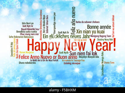 Happy New Year in many different languages. Words cloud Stock Photo