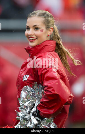 Madison, WI, USA. 31st Oct, 2015. A Wisconsin dance team member entertains the crowd in the rain during the NCAA Football game between the Rutgers Scarlet Knights and the Wisconsin Badgers at Camp Randall Stadium in Madison, WI. Wisconsin defeated Rutgers 48-10. John Fisher/CSM/Alamy Live News Stock Photo
