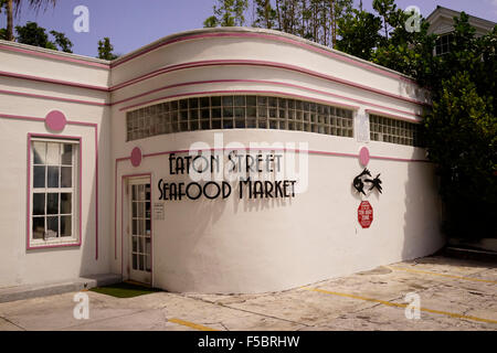Eaton Street Seafood Market restaurant Key West Florida USA.  Pink Deco building that was once a gas station. Best Lobster Roll Stock Photo
