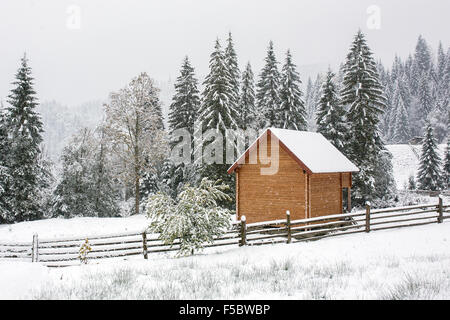 Country house during heavy snowfall in Carpathians mountains in Ukraine Stock Photo