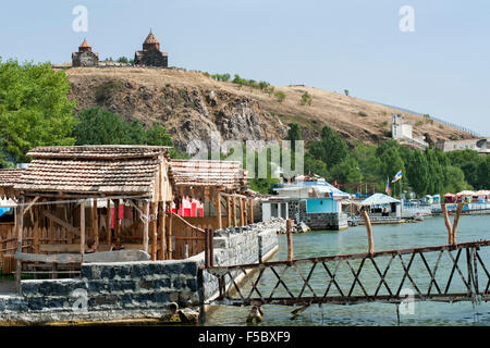 View of Sevanavank monastery from the shores of Lake Sevan in Armenia. Stock Photo