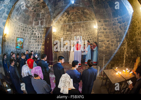 Church service in the Astvatsatsin church of the Sevanavank monastery in Armenia.