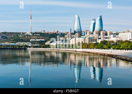 Baku Bay and the Baku skyline and promenade. Stock Photo