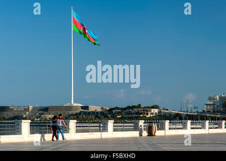 The flag of Azerbaijan in National Flag Square seen from the Baku promenade. Stock Photo
