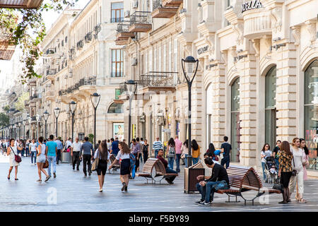 Pedestrians on Nizami street in central Baku. The street is named after classical poet Nizami Ganjavi. Stock Photo