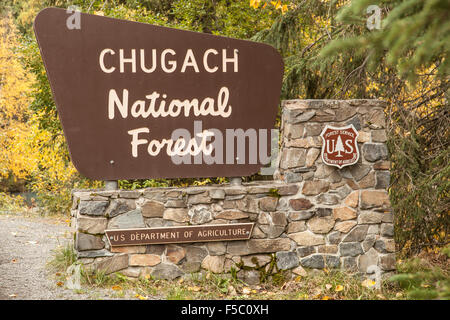 Entrance sign to Chugach National Forest, in Alaska Stock Photo