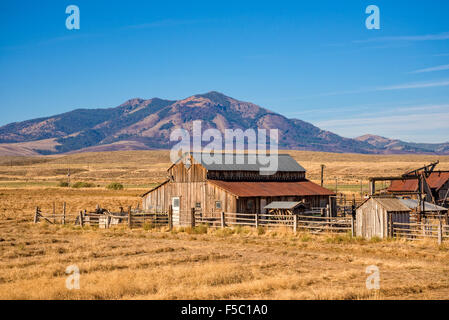 Barn on cattle ranch and Ironside Mountain in eastern Oregon. Stock Photo