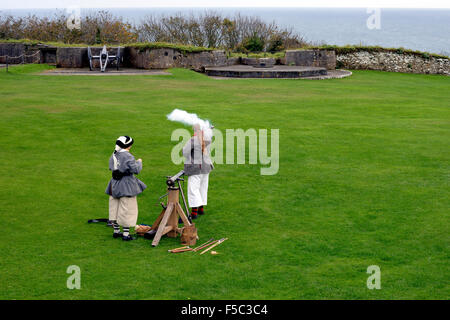 A demonstration of old weaponry at Pendennis Castle. Falmouth, Cornwall, England Stock Photo