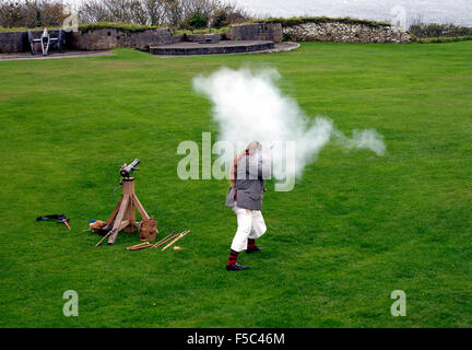 A demonstration of old weaponry at Pendennis Castle. Falmouth, Cornwall, England Stock Photo