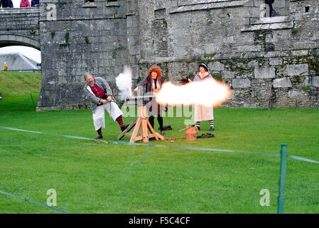 A demonstration of old weaponry at Pendennis Castle. Falmouth, Cornwall, England Stock Photo