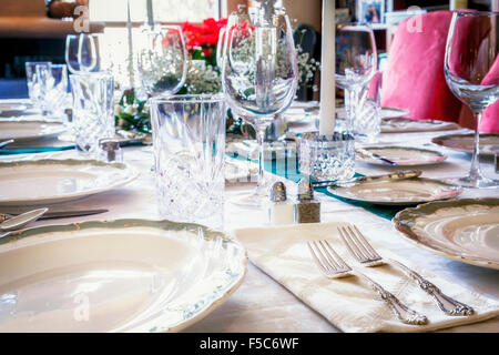 Dining table is set for a holiday dinner Stock Photo