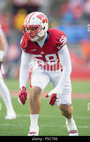 Madison, WI, USA. 31st Oct, 2015. Wisconsin Badgers linebacker Joe Schobert #58 during the NCAA Football game between the Rutgers Scarlet Knights and the Wisconsin Badgers at Camp Randall Stadium in Madison, WI. Wisconsin defeated Rutgers 48-10. John Fisher/CSM/Alamy Live News Stock Photo