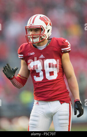 Madison, WI, USA. 31st Oct, 2015. Wisconsin Badgers safety Joe Ferguson #36 during the NCAA Football game between the Rutgers Scarlet Knights and the Wisconsin Badgers at Camp Randall Stadium in Madison, WI. Wisconsin defeated Rutgers 48-10. John Fisher/CSM/Alamy Live News Stock Photo