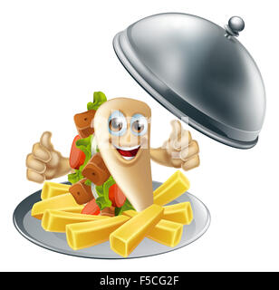 A souvlaki kebab in pita bread cartoon character on a silver platter serving tray with potato chip French fries Stock Photo