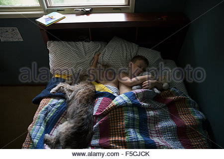 Dog and brothers sleeping in bed