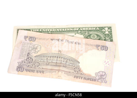 Indian rupee banknote and American dollars  isolated on white