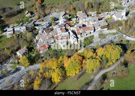 AERIAL VIEW. Remote village in the upper Var Valley. Entraunes, Alpes-Maritimes, France. Stock Photo