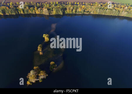 Cologne, Germany. 02nd Nov, 2015. Autumn trees stand on a small island in a quarry pond in Cologne, Germany, 02 November 2015. Photo: HENNING KAISER/dpa/Alamy Live News Stock Photo