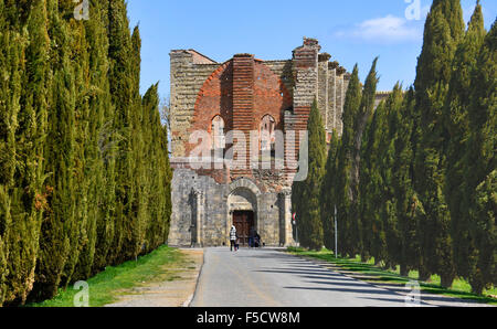 07.04.2015, Chiusdino, Tuscany, Italy - The Abbazia San Galgano is the ruins of a former abbey about 35 km southwest of Siena on the territory of the municipality of Chiusdino in Tuscany. The monastery was founded in the 12th century from Galgano Guidotti on the hill of Montesiepi. The Cistercians remained until 1783, when Grand Duke Leopold I picked up the monastery. 1783 collapsed bell tower and the most vault of the church. Today the 71-meter-long religious building is despite the eingestuerzten Badger one of Hauptsehenswuerdigkeiten in Tuscany. ESP150407D760CAROEX.JPG - NOT for SALE in G E Stock Photo