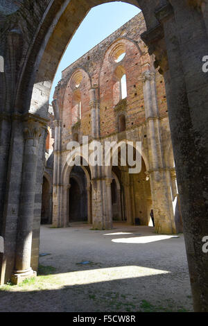 07.04.2015, Chiusdino, Tuscany, Italy - The Abbazia San Galgano is the ruins of a former abbey about 35 km southwest of Siena on the territory of the municipality of Chiusdino in Tuscany. The monastery was founded in the 12th century from Galgano Guidotti on the hill of Montesiepi. The Cistercians remained until 1783, when Grand Duke Leopold I picked up the monastery. 1783 collapsed bell tower and the most vault of the church. Today the 71-meter-long religious building is despite the eingestuerzten Badger one of Hauptsehenswuerdigkeiten in Tuscany. ESP150407D763CAROEX.JPG - NOT for SALE in G E Stock Photo