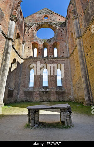 07.04.2015, Chiusdino, Tuscany, Italy - The Abbazia San Galgano is the ruins of a former abbey about 35 km southwest of Siena on the territory of the municipality of Chiusdino in Tuscany. The monastery was founded in the 12th century from Galgano Guidotti on the hill of Montesiepi. The Cistercians remained until 1783, when Grand Duke Leopold I picked up the monastery. 1783 collapsed bell tower and the most vault of the church. Today the 71-meter-long religious building is despite the eingestuerzten Badger one of Hauptsehenswuerdigkeiten in Tuscany. ESP150407D764CAROEX.JPG - NOT for SALE in G E Stock Photo