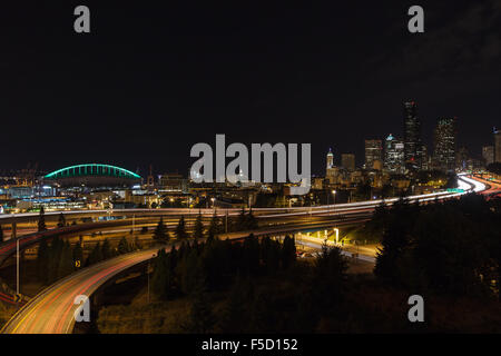 Seattle skyline at night from Rizal Park, in Beacon Hill. Seattle, WA, USA. Stock Photo