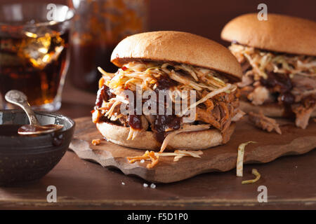 homemade pulled pork burger with coleslaw and bbq sauce Stock Photo
