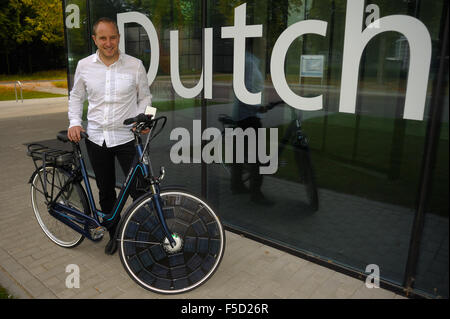 Solar powered  electric bike with its inventor at technical university Eindhoven Stock Photo