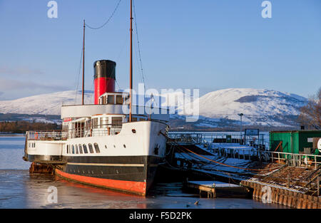 An old paddle steamer lies berthed on the bonnie banks of loch lomond in Scotland. Stock Photo