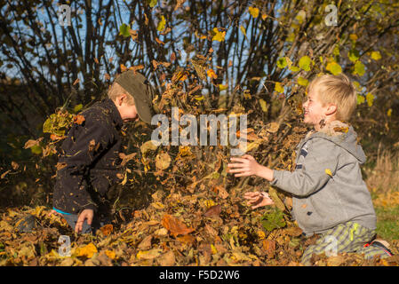 Two Children boys playing, throwing autumn leaves from pile in the garden, autumnal fun, happy Stock Photo